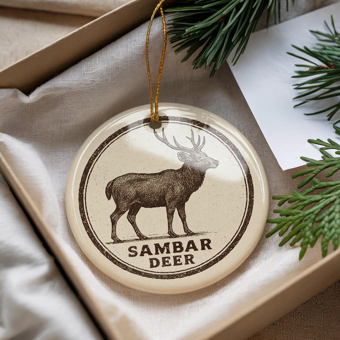 A decorative ornament featuring a deer with antlers, placed in a box with pine branches.