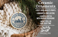 Ceramic ornaments, specifically a San Diego California ornament, are displayed in a woven basket.