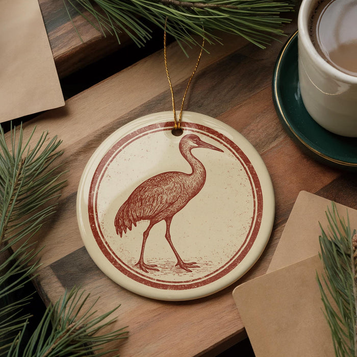 a round ornament with a bird illustration, placed on a wooden surface next to a cup of coffee and some pine branches.