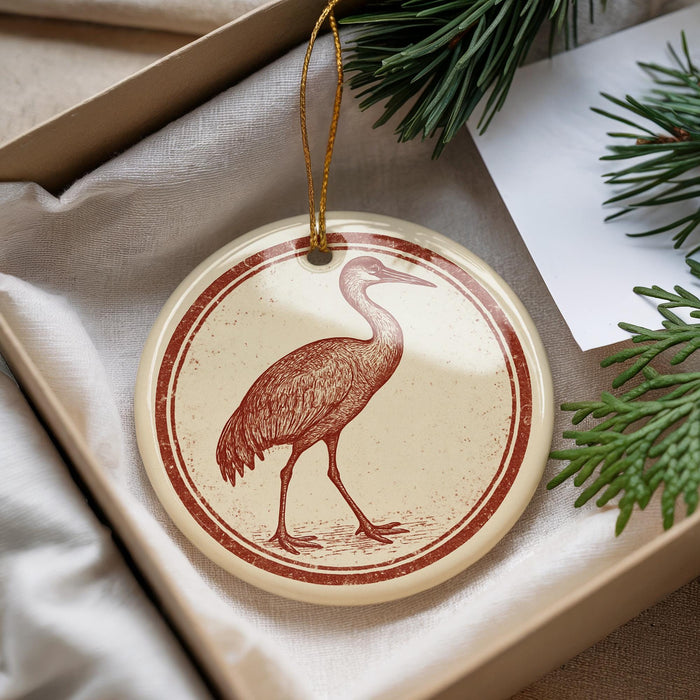 A round ornament featuring a red bird, possibly a crane, is displayed in a box with pine branches.