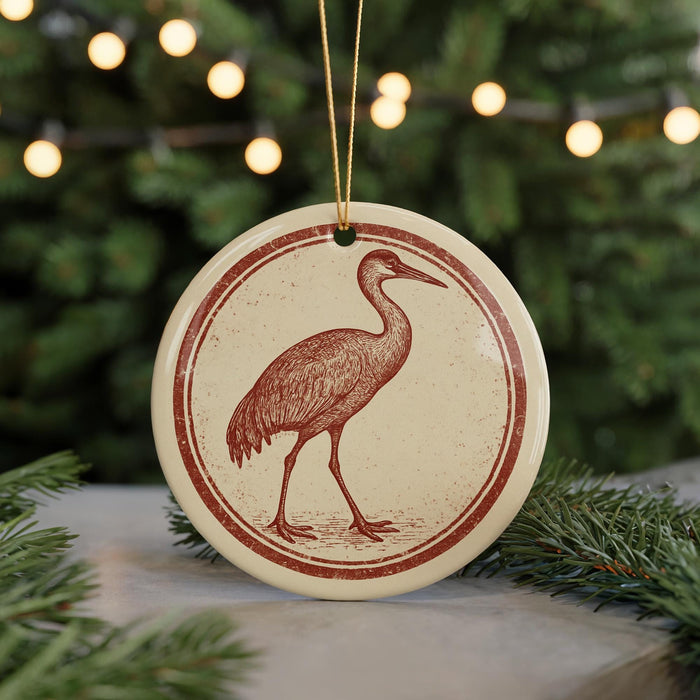 A round ornament featuring a red bird, possibly a crane, is displayed in front of a blurred Christmas tree with twinkling lights.