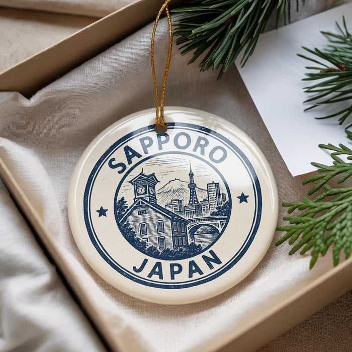 A decorative ornament with the text "SAPPORO JAPAN" printed on it, hanging from a string.