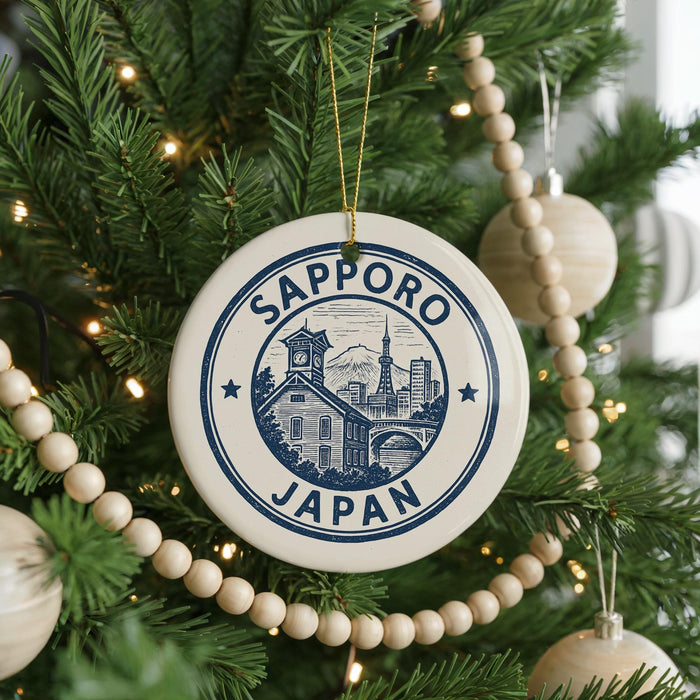 Sapporo Japan Ceramic Ornament – Circular Stamp Style City Souvenir, Travel Gift, Japanese Skyline Decor