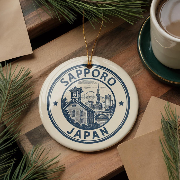 A decorative ornament with the text "SAPPORO JAPAN" on it, featuring a cityscape and a clock tower, is displayed on a wooden surface alongside a cup of coffee and some pine branches.