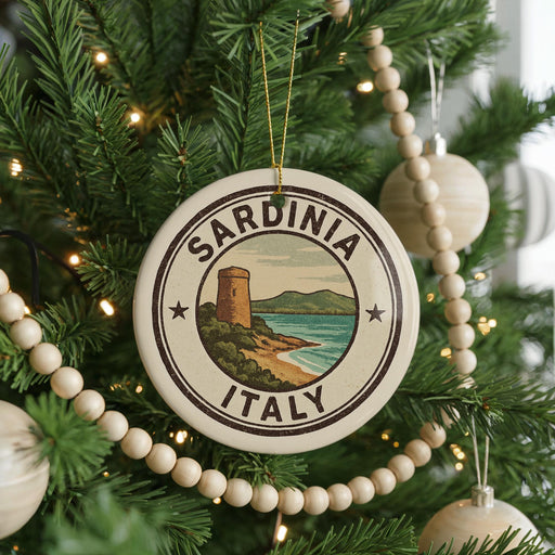 A Christmas tree decorated with ornaments, including a circular ornament with the text "SARDINIA ITALY" and a lighthouse image.