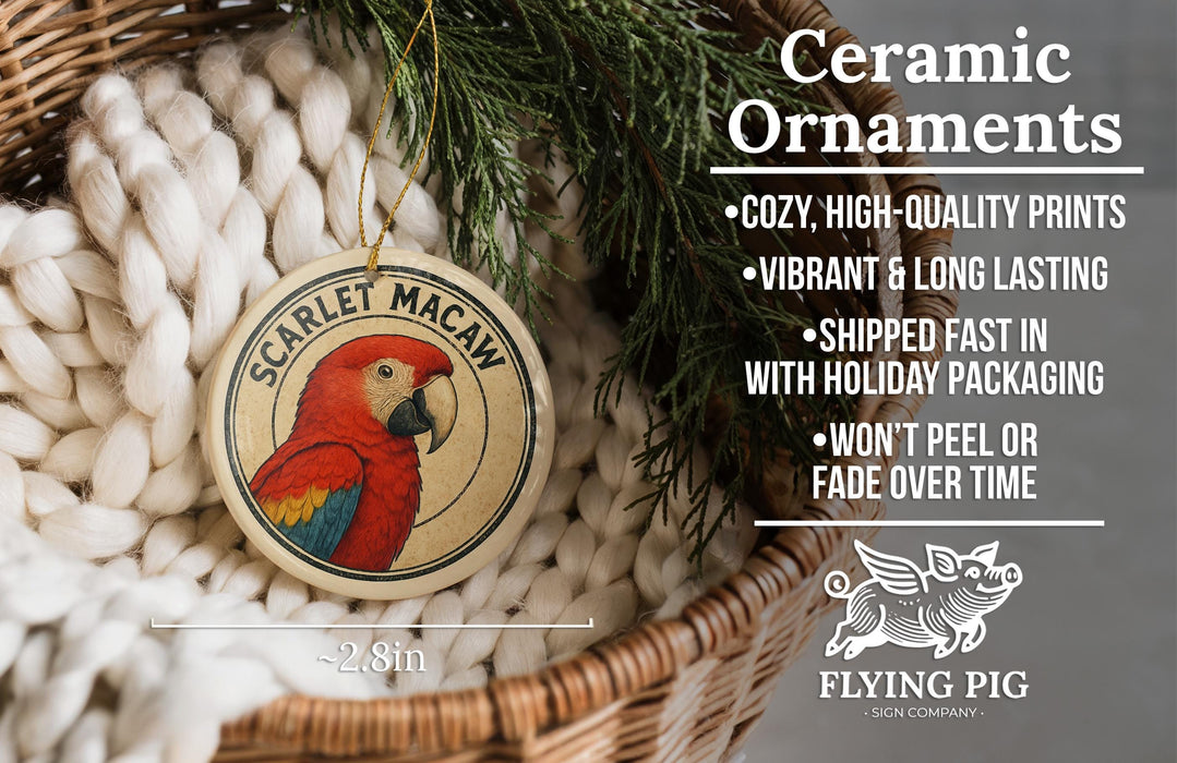 Ceramic ornaments featuring a parrot, with text describing the ornaments as "cozy, high-quality prints, vibrant and long lasting, shipped fast in with holiday packaging, won't peel or fade over time" and the size of the ornaments being 2.8 inches.