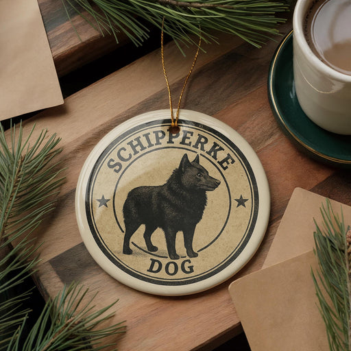 A round ornament featuring a black dog, with the text "SCHIPPERKE DOG" printed on it, is displayed on a wooden surface alongside a cup of coffee and some pine branches.