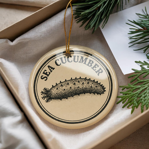 A round ornament with a sea cucumber image on it, hanging from a string.
