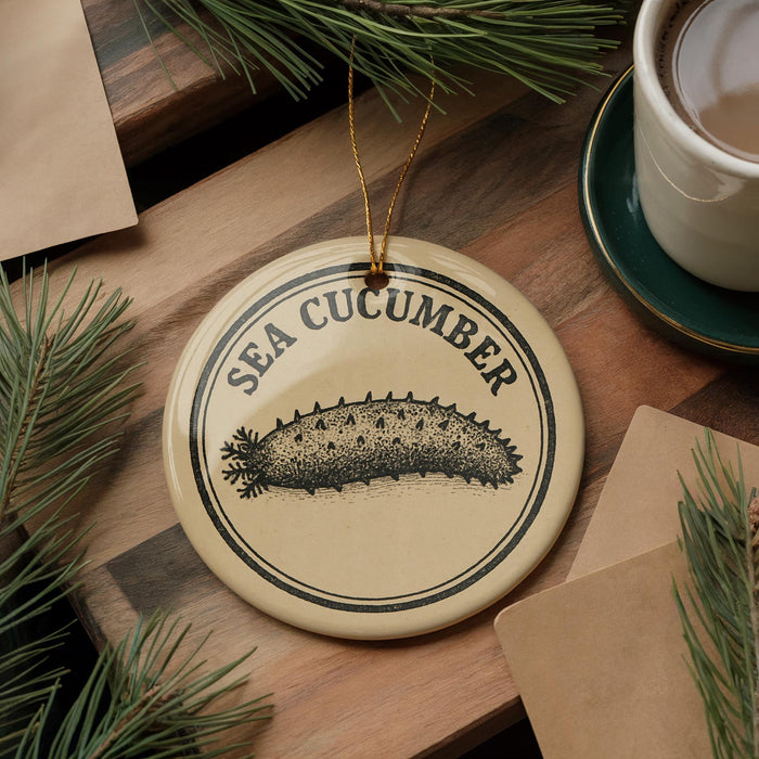a circular ornament with the text "SEA CUCUMBER" and an illustration of a sea cucumber. The ornament is placed on a wooden surface, surrounded by pine branches and a cup of coffee.