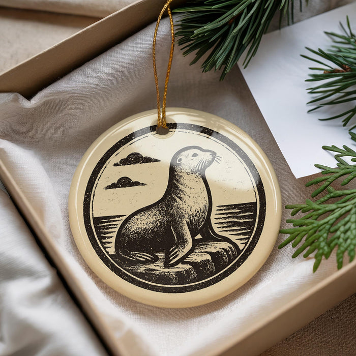 A decorative ornament featuring a seal sitting on a rock, with a cloudy sky in the background.