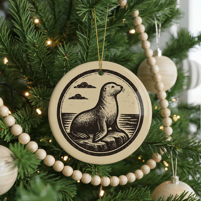 A Christmas tree decorated with ornaments, including a circular ornament featuring a seal.