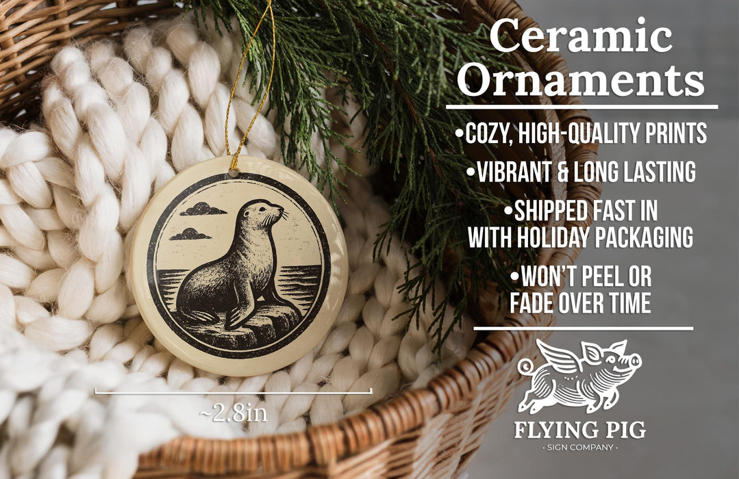 Ceramic ornaments, featuring a seal and a winged pig, are displayed in a woven basket.