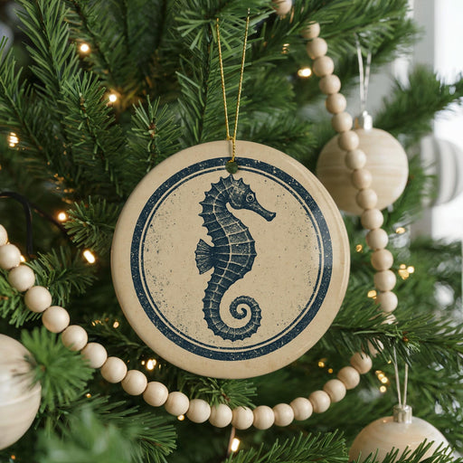 A round ornament with a seahorse design is hanging on a Christmas tree, surrounded by other ornaments and lights.
