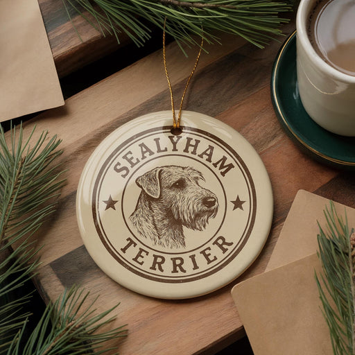 A round ornament featuring a dog's head and the text "SEALYHAM TERRIER" is displayed on a wooden surface, surrounded by pine branches and a cup of coffee.