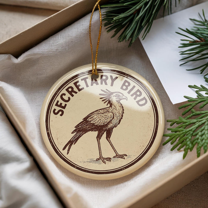 A round ornament with the text "SECRETARY BIRD" and an illustration of a bird is displayed in a box with pine branches.