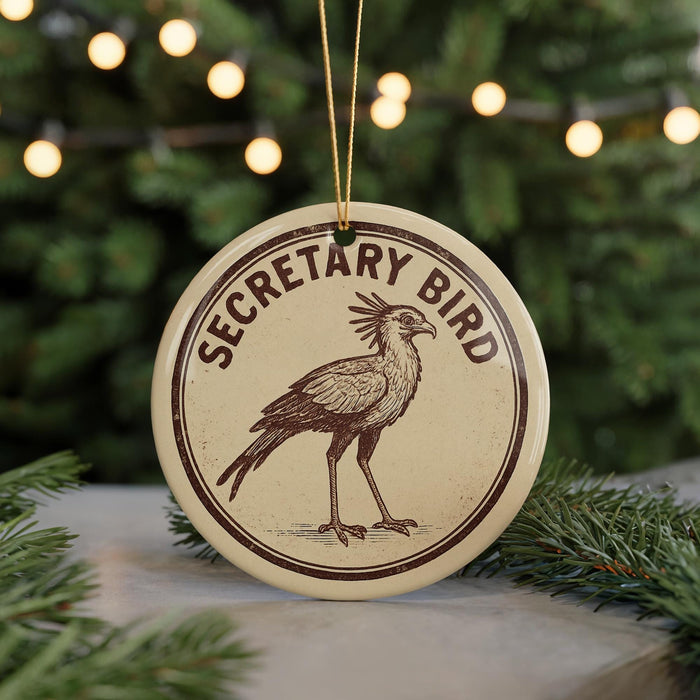 A round ornament with the text "SECRETARY BIRD" and an illustration of a bird standing on one leg.