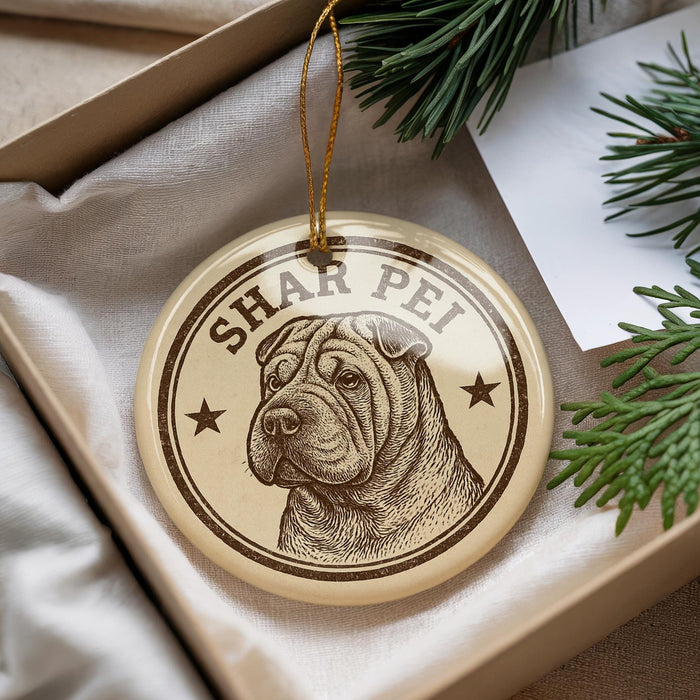 A circular ornament featuring a bulldog's face, with the text "SHAR PEI" printed on it, is displayed in a box with pine branches.