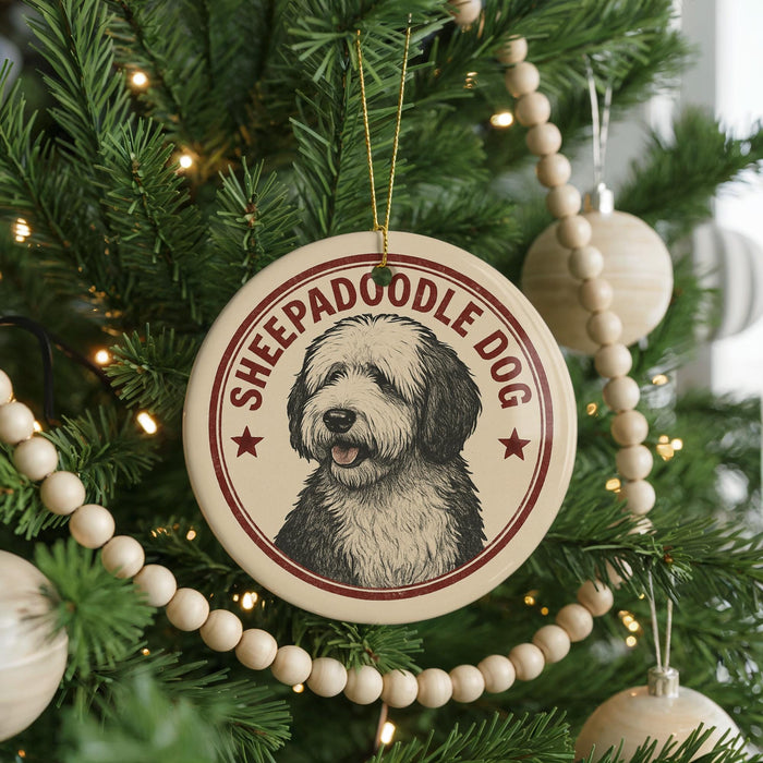 A circular ornament on a Christmas tree featuring a sheepdog, with the text "SHEPADOOLE DOG" around the edge.