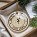 A circular ornament with the text "SHETLAND ISLANDS SCOTLAND" printed on it, surrounded by pine branches.