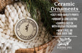 Ceramic ornaments, including a round ornament with the text "Shetland Islands Scotland" and a wicker basket with greenery.