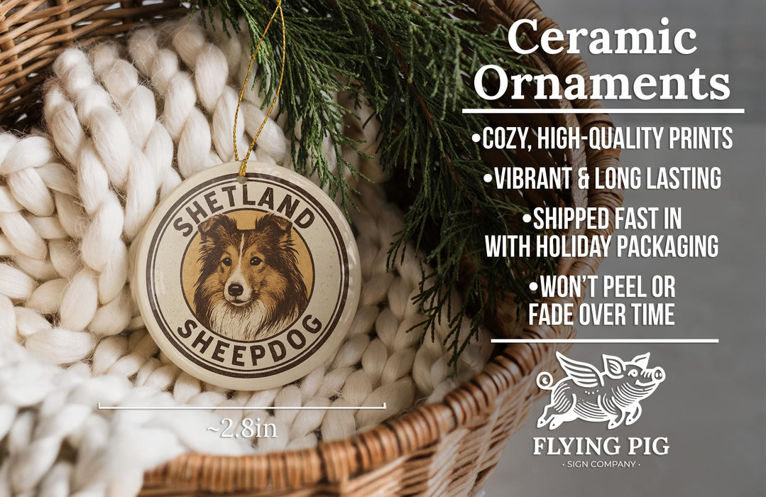 Ceramic ornaments, specifically a Shetland Sheepdog ornament, are displayed in a wicker basket.