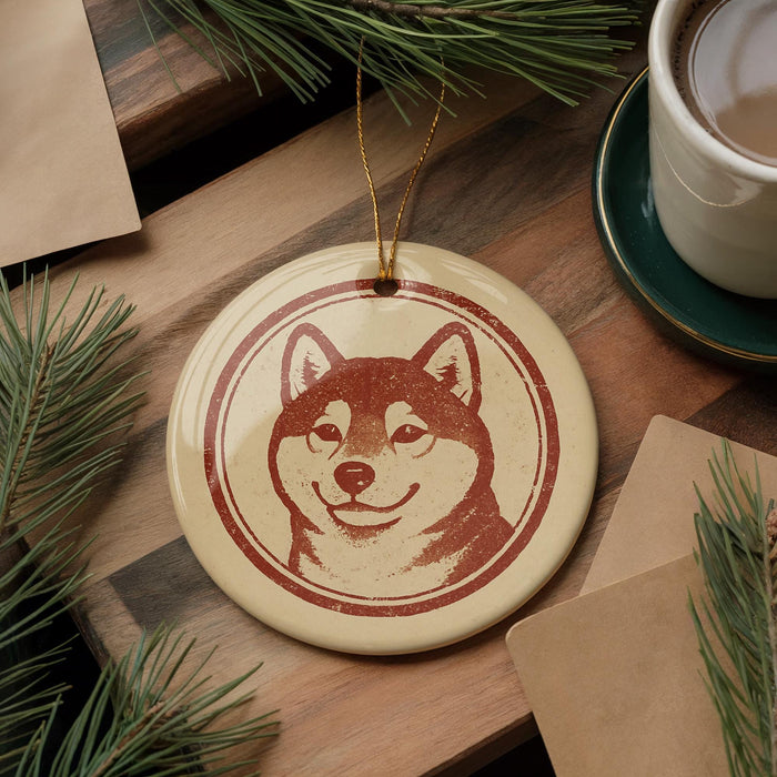 a round ornament with a picture of a dog's face, hanging on a wooden surface. There is also a cup of coffee and some pine branches in the background.