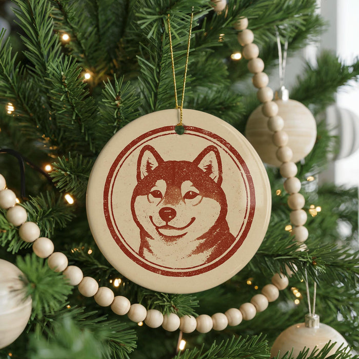 A Christmas tree decorated with ornaments, including a circular ornament featuring a red and white dog face.