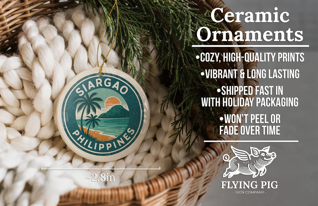Ceramic ornaments, specifically a Sargao Philippines ornament, are displayed in a woven basket. The ornament is described as cozy, high-quality prints, vibrant, and long lasting, and it is shipped fast in holiday packaging. The ornament is not peeling or fading over time. The image also includes a scale for the ornament, indicating it is 2.8 inches in size.