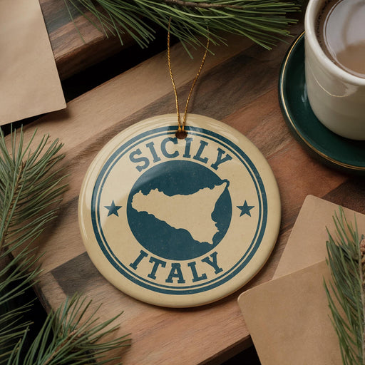 A circular ornament with the text "SICILY ITALY" and a map of Sicily, surrounded by pine branches and a cup of coffee on a wooden surface.