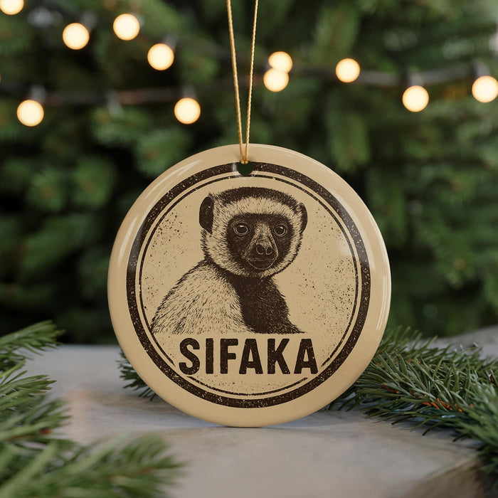 A circular ornament featuring a close-up image of a lemur, with the word "SIFAKA" written below it.