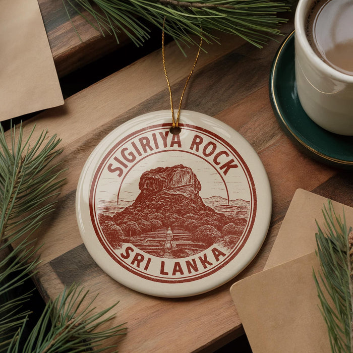 A circular ornament with the text "SIGIRIYA ROCK" and "SRI LANKA" printed on it, surrounded by pine branches and a cup of coffee on a wooden surface.