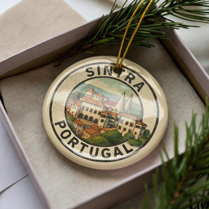 A circular ornament with a picture of a building and the text "SINCTRA PORTUGAL" on it, placed on a box with pine branches.