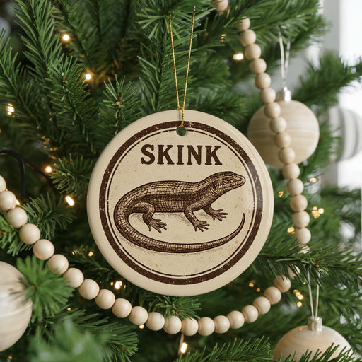 A Christmas tree decorated with ornaments, including a round ornament with a lizard image and the word "SKINK" written on it.