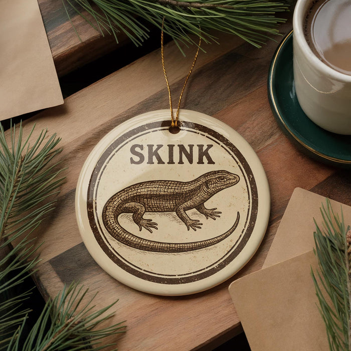 A round ornament featuring a lizard or salamander design, with the word "SKINK" written on it, is displayed on a wooden surface alongside a cup of coffee and some pine branches.