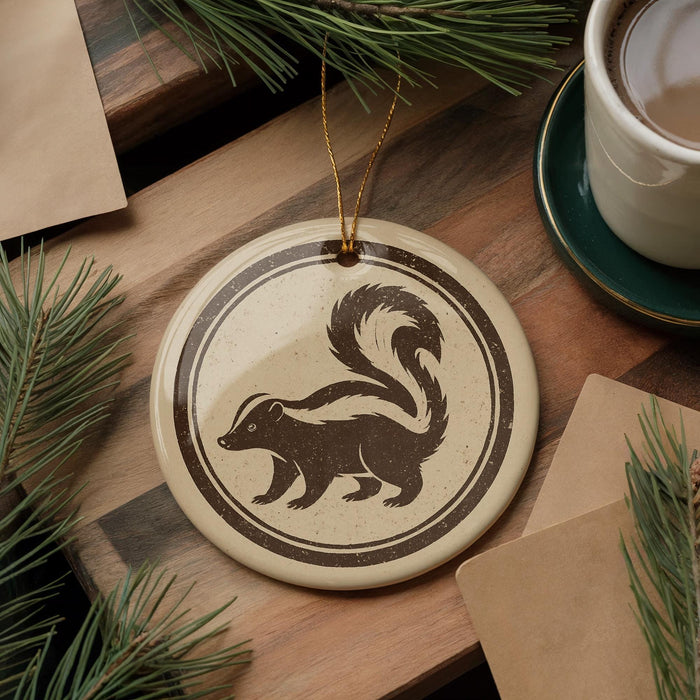 a round ornament with a black and white illustration of a skunk, hanging on a wooden surface. There is also a cup of coffee and some pine branches in the background.