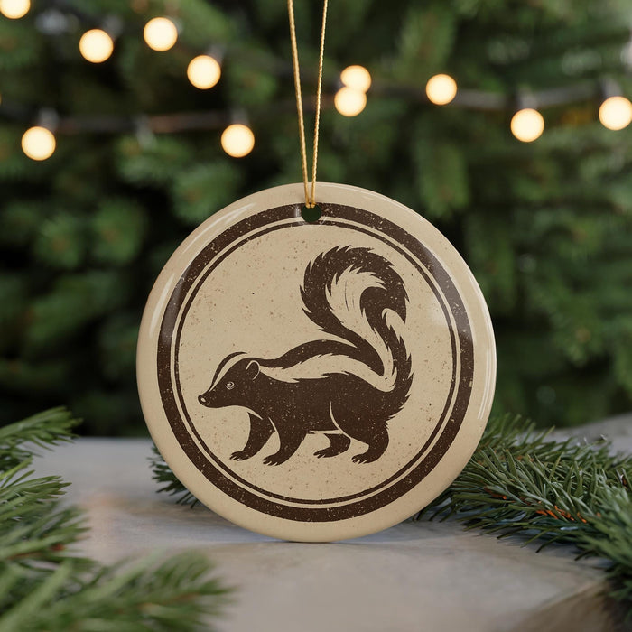 A round ornament featuring a skunk silhouette is displayed against a blurred background of a Christmas tree with twinkling lights.