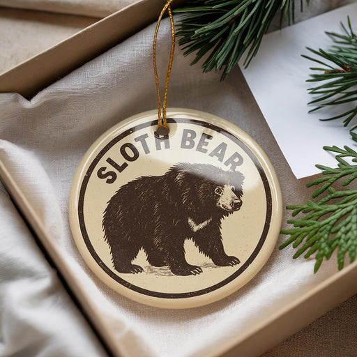 A round ornament with a sloth bear image is placed in a box, surrounded by pine branches.