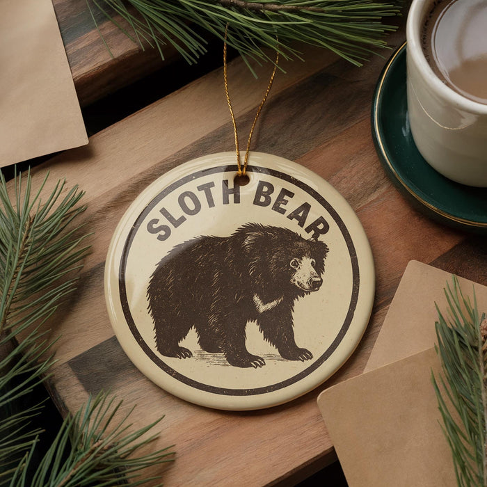 A circular ornament featuring a sloth bear illustration is displayed on a wooden surface, accompanied by a cup of coffee and pine branches.