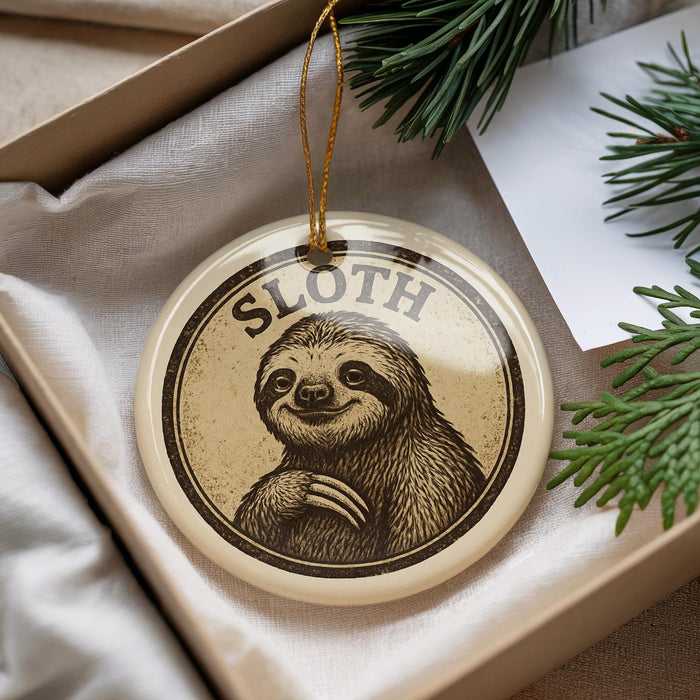 A round ornament featuring a smiling sloth, with the word "SLOTH" written on it, is displayed in a box with pine branches.