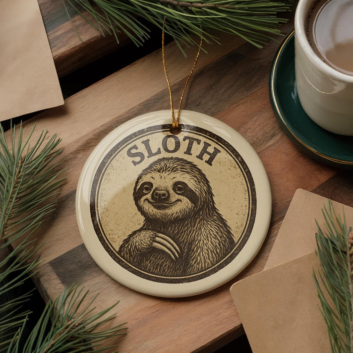 A round ornament featuring a sloth, a type of slow-moving mammal, is displayed on a wooden surface alongside a cup of coffee and some pine branches.