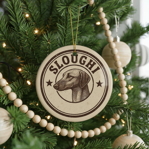 A Christmas tree decorated with ornaments, including a circular ornament with a dog's head and the word "SLOUGHI" written on it.