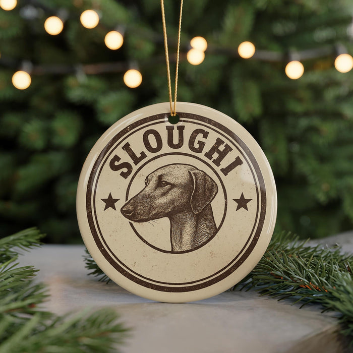 A circular ornament with the word "SLOUGHI" and a dog's head image, hanging from a string against a background of Christmas lights and greenery.