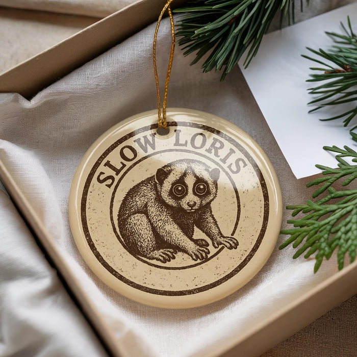 A round ornament with a printed image of a sloth hanging from a string.