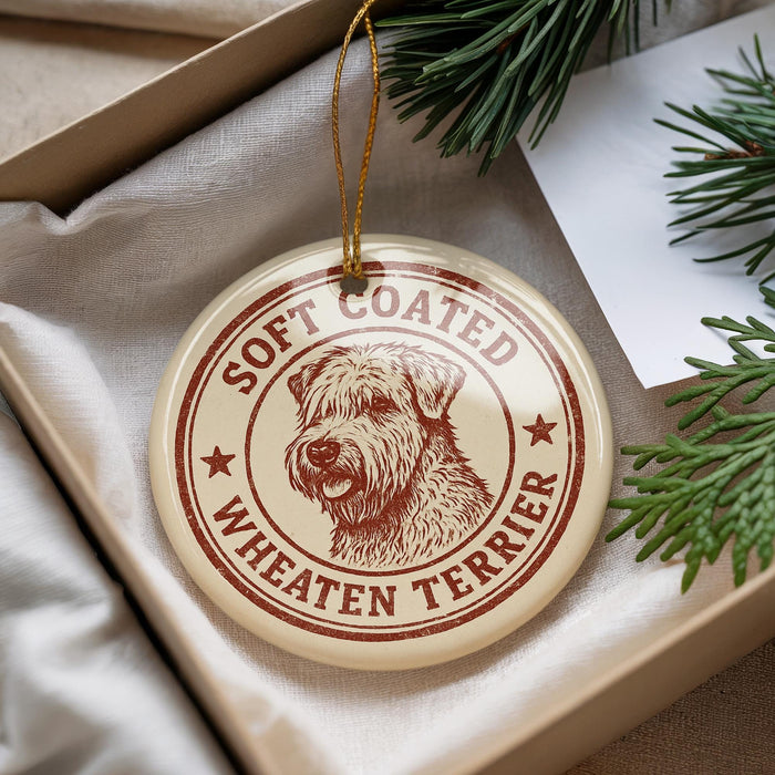 A round ornament with a brown and white design featuring a dog's head and the text "Soft Coated Wheaten Terrier" is displayed in a box with pine branches.