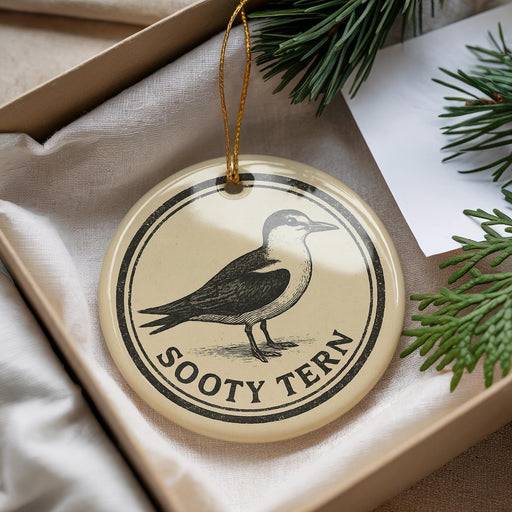 A round ornament with a bird image and the text "Sooty Tern" is displayed in a box with pine branches.