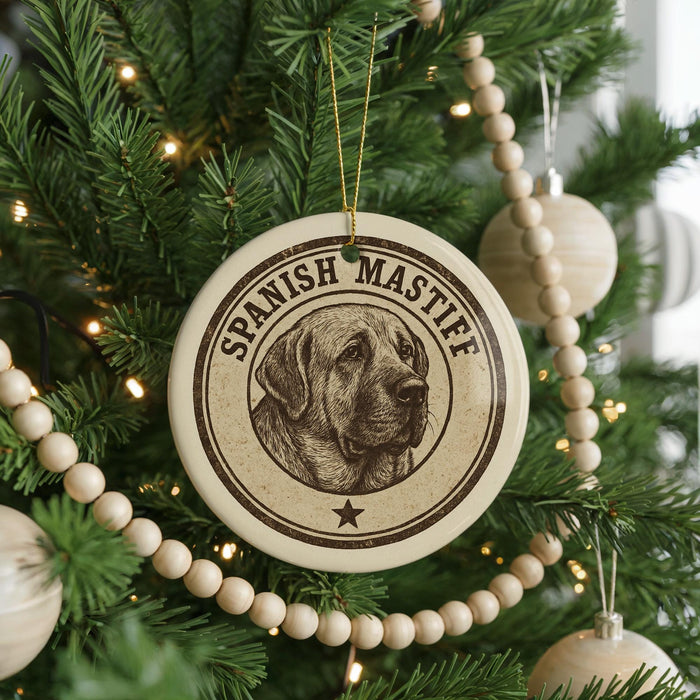 A round ornament with a dog's face on it, hanging from a Christmas tree.
