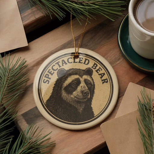 A circular ornament featuring a close-up image of a bear's face, with the text "SPECTACED BEAR" around the edge. The ornament is hanging from a string, and there is a cup of coffee and some pine branches in the background.