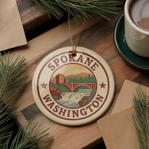 A decorative ornament with the text "SPORANE WASHINGTON" and an illustration of a waterfall and bridge, placed on a wooden surface alongside pine branches and a cup of coffee.