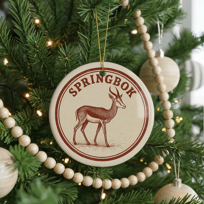 A Christmas tree decorated with ornaments, including a circular ornament with a deer image and the word "Springbok" written on it.