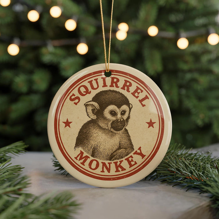 A round ornament featuring a monkey image, with the text "SQUIRREL MONKEY" printed on it, is hanging from a string.